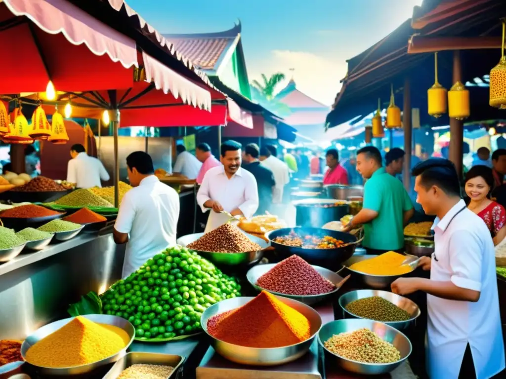 Vibrante mercado tradicional en Malacca, Asia Oriental, con gastronomía islámica en pleno auge