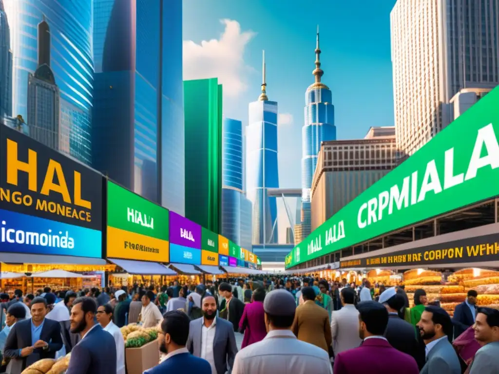 Mercado de Criptomonedas Halal: Líderes Islámicos en la Era Digital Vibrante mercado con transacciones de criptomonedas Halal en la era digital, reflejando el liderazgo islámico