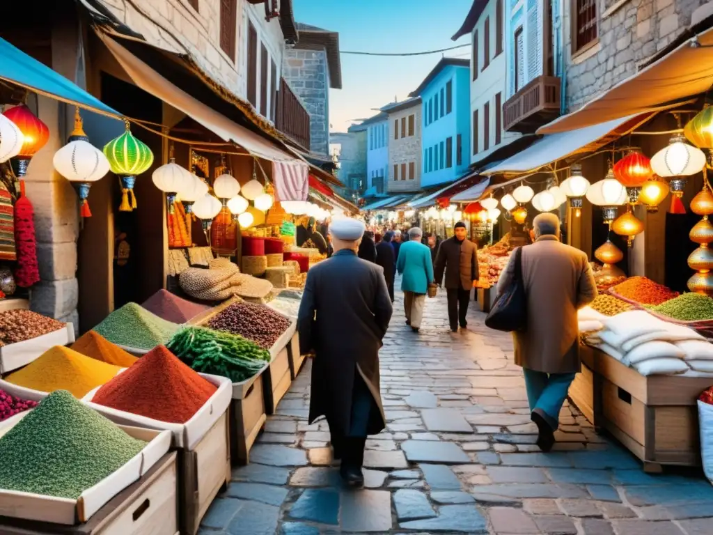 Vibrante mercado turco con colores y detalles, calle empedrada, vendedores y mezquita al fondo