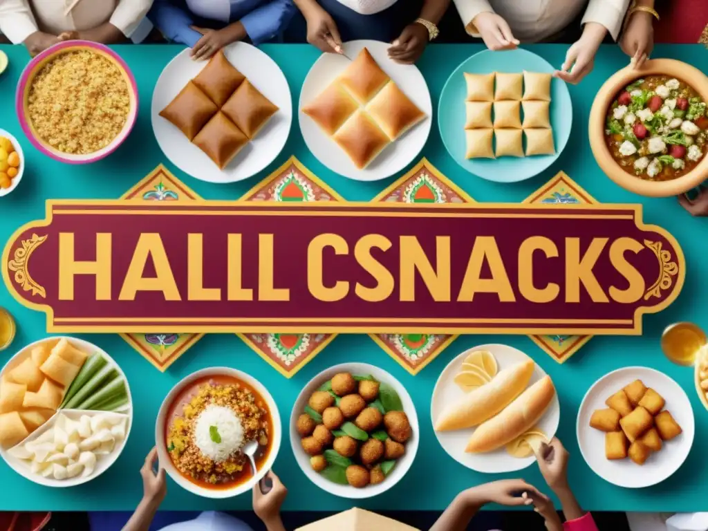 Vibrante mercado Halal con variedad de snacks, colores y detalles que celebran la diversidad cultural