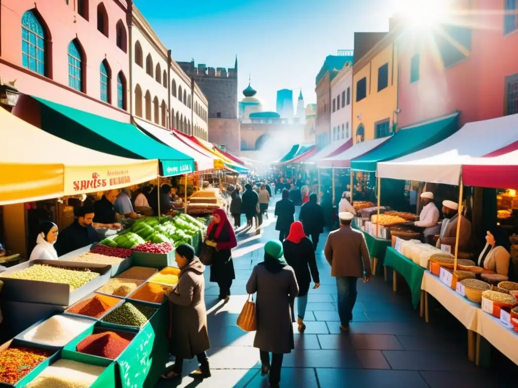 Vibrante mercado con variedad de comida halal y multicultural