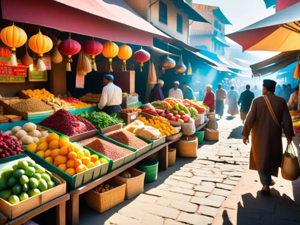 Vibrante mercado con vendedores y compradores en tradicionales atuendos, ofreciendo una variedad de alimentos halal frescos y aromáticos