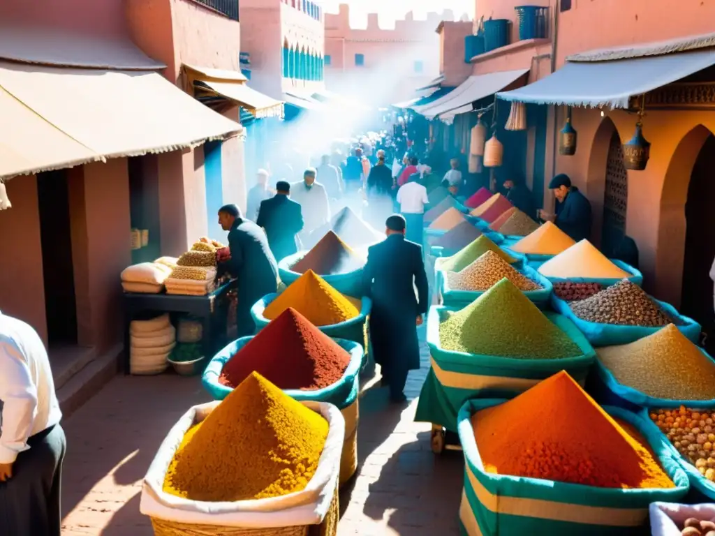 Vibrante mercado en Marrakech, Marruecos, con vendedores de especias y textiles bajo el cálido sol de la tarde