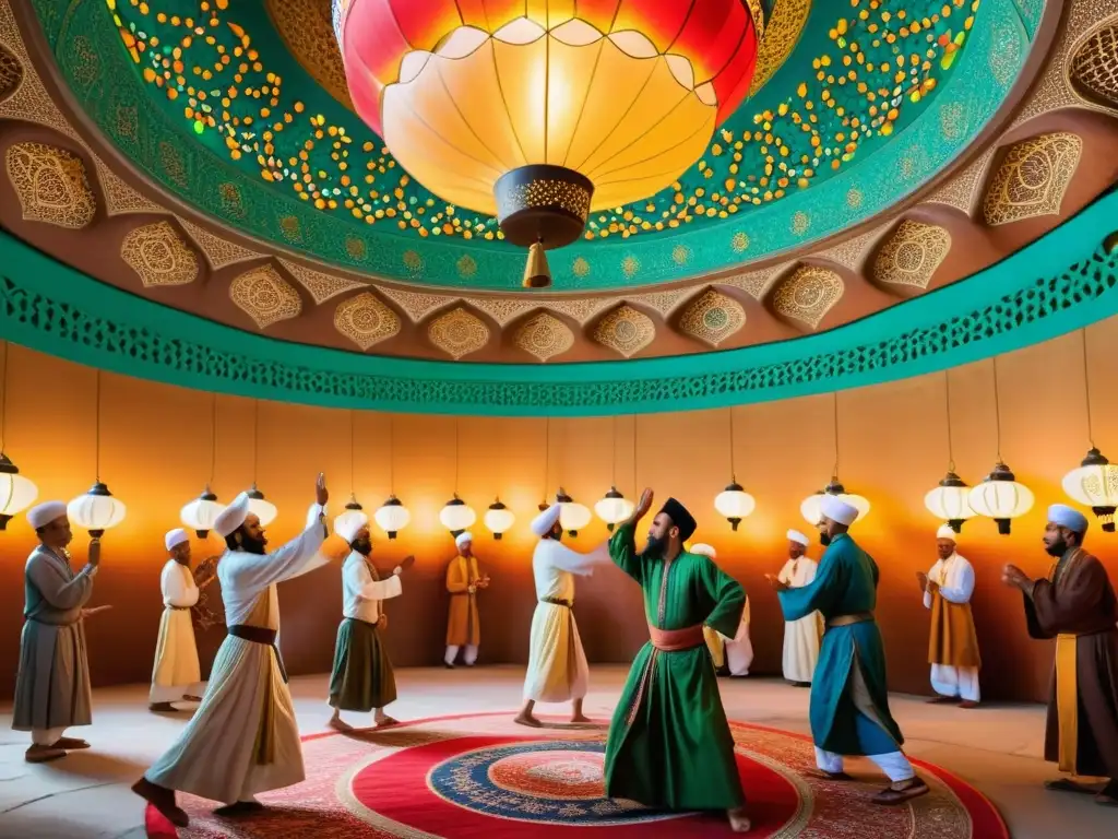 Reunión sufi vibrante en una mezquita histórica, con danza giratoria y rostros serenos