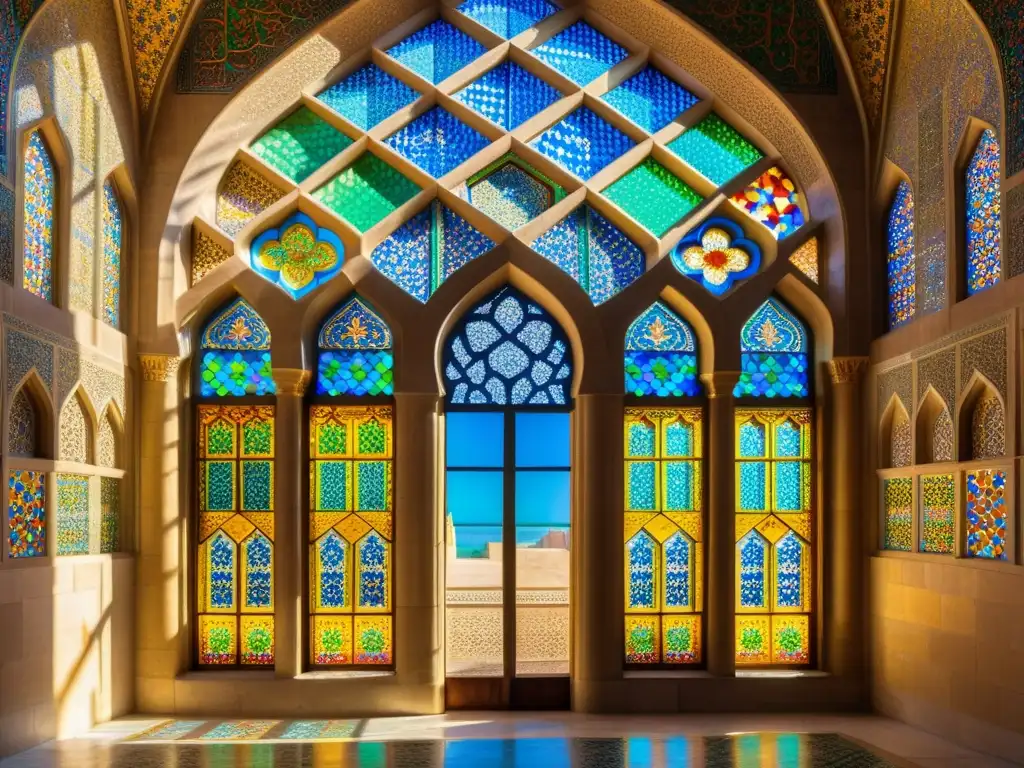 Vibrante mezquita histórica en Shiraz, Irán, con impresionantes diseños de vidrieras y azulejos geométricos