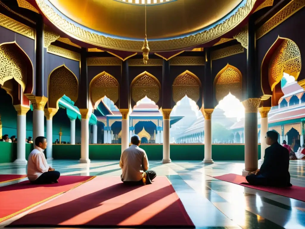 Vibrante mezquita en Tailandia, con detalles arquitectónicos islámicos, fieles rezando y celebrando