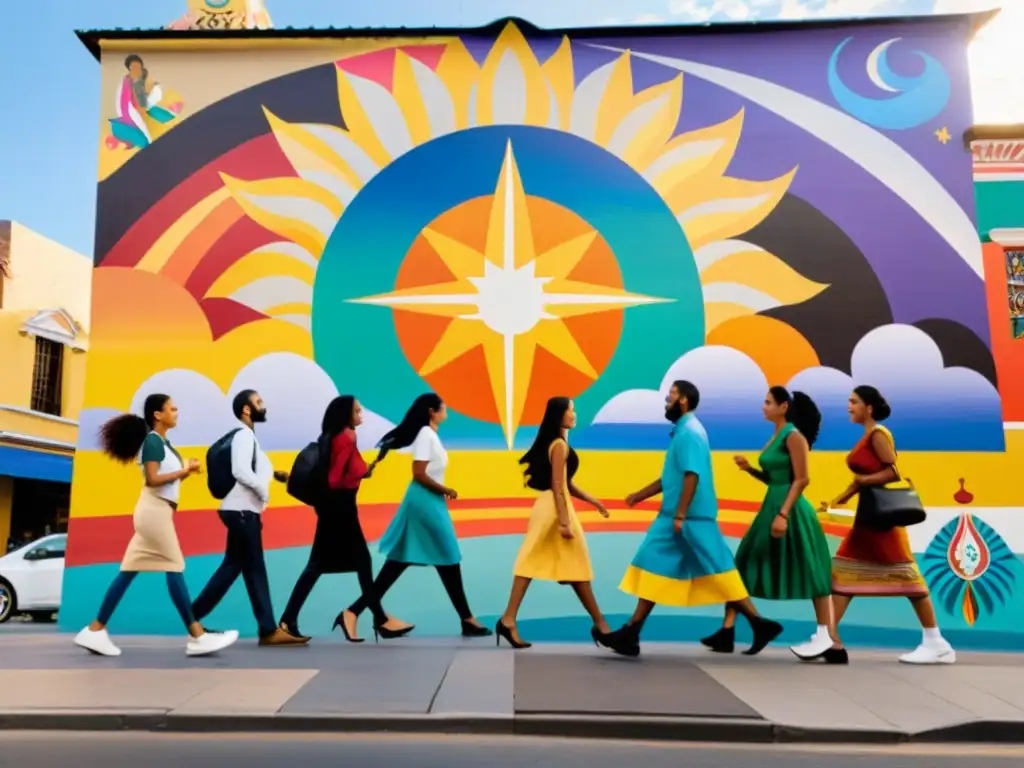 Vibrante mural en una concurrida calle de América Latina, promoviendo la unidad y diversidad, con personas diversas caminando