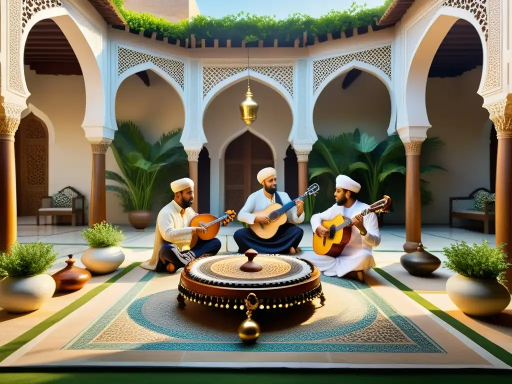 Vibrante reunión musical islámica en un patio adornado, con músicos tocando el oud y tabla, cautivando a la audiencia con melodías soulstirring