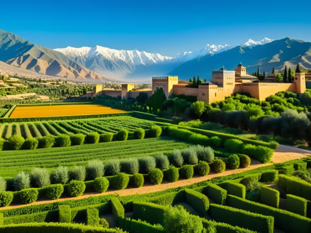 Vibrante paisaje agrícola en alÁndalus durante la Revolución agrícola alAndalus, con la Alhambra al fondo y campos exuberantes