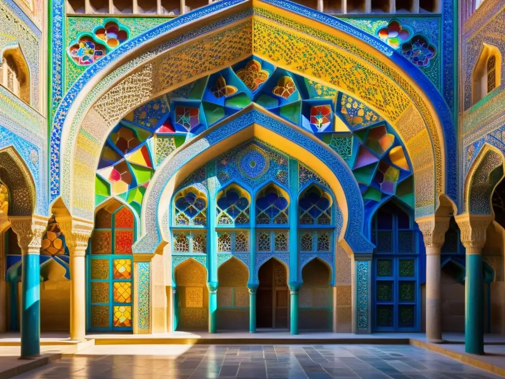 Vibrante paleta de colores en la arquitectura islámica: luz solar ilumina los azulejos en la Mezquita Nasir ol Molk en Shiraz, Irán