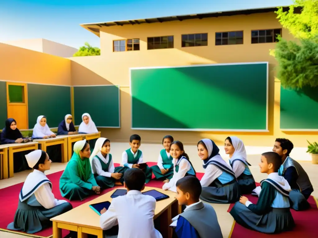 Un vibrante patio de escuela islámica donde los estudiantes participan en dinámicas discusiones y actividades grupales