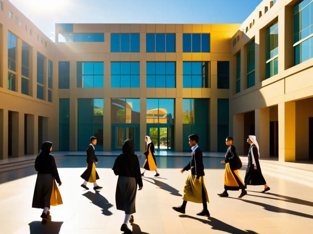 Patio escolar islámico: tradición y modernidad en armonía Vibrante patio de escuela islámica con estudiantes y arquitectura moderna, reflejando enseñanza islámica en la era de la información
