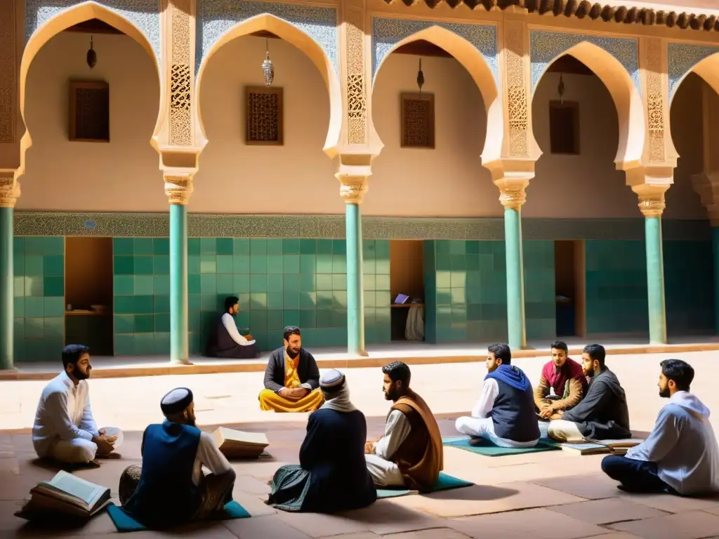 Vibrante patio de madraza con estudiantes y maestros debatiendo bajo la cálida luz del sol