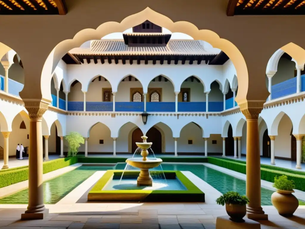 Vibrante patio de hospital islámico medieval, reflejando la medicina moderna en hospitales islámicos con pacientes y médicos en actividades diversas