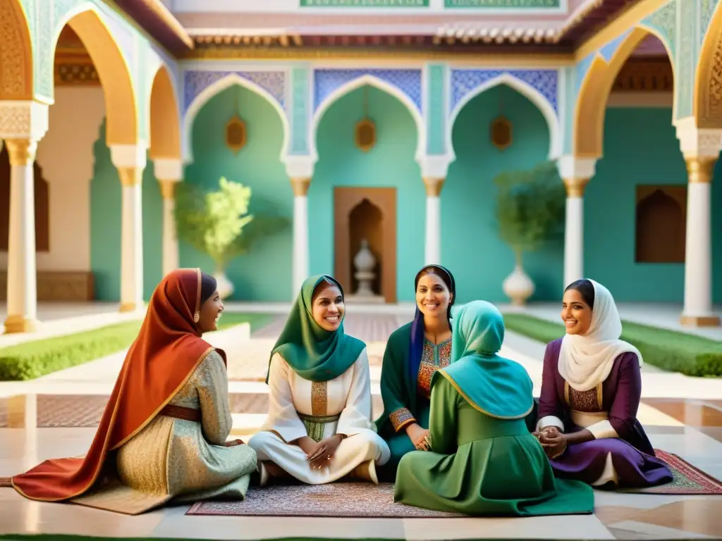 Un vibrante patio lleno de mujeres en atuendos islámicos, recitando poesía y compartiendo en una escena culturalmente enriquecedora