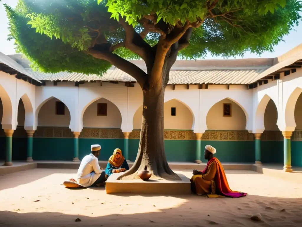 Un vibrante patio de una madrasa en África, con estudiantes en animadas discusiones bajo un árbol centenario