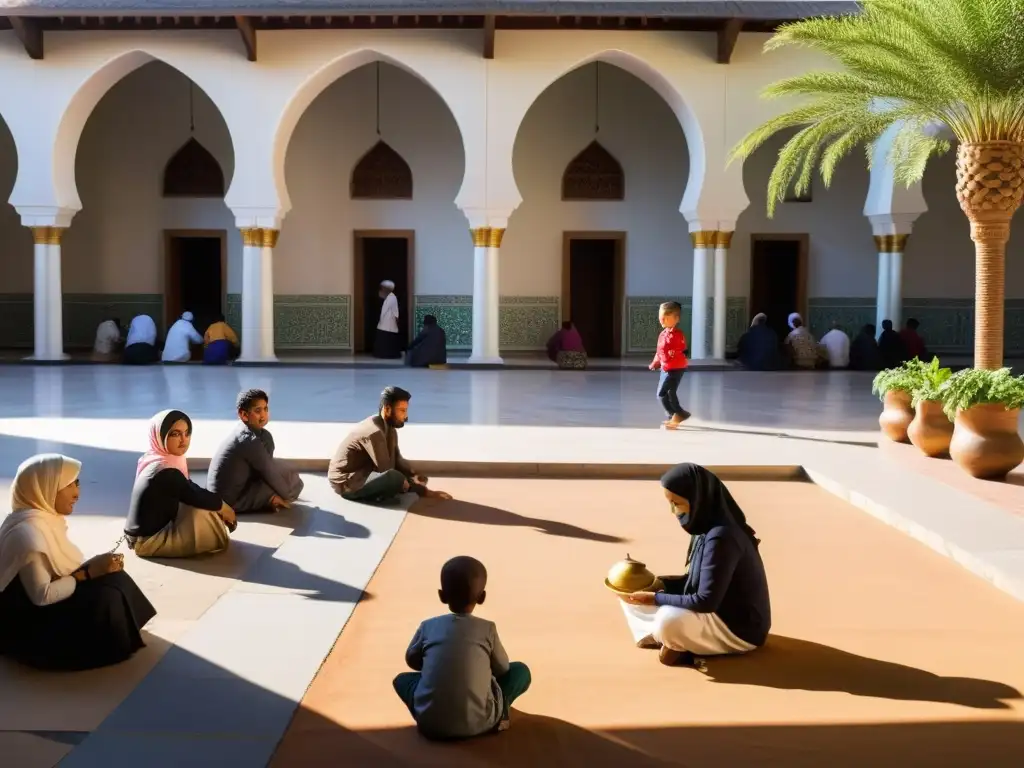 Vibrante patio de mezquita: comunidad unida en actividades de enseñanza, cocina y jardinería bajo cálida luz solar