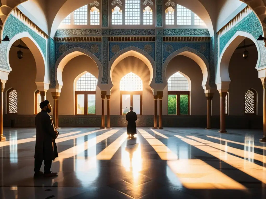 Un vibrante patio de mezquita con fieles rezando, arcos ornamentados y hermosa caligrafía