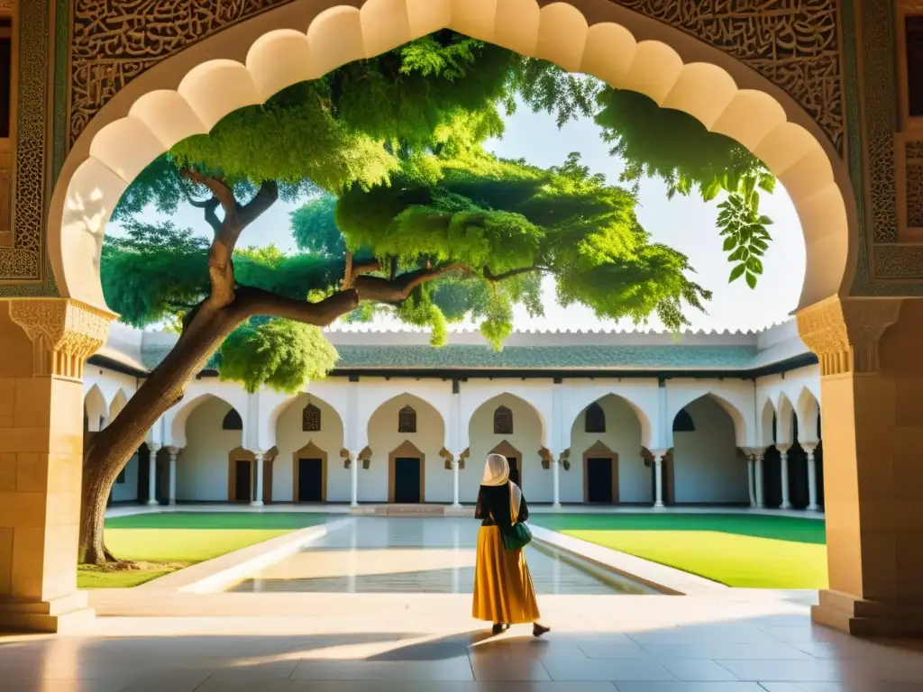 Vibrante patio de una universidad islámica, estudiantes en atuendos tradicionales debatiendo bajo antiguos árboles