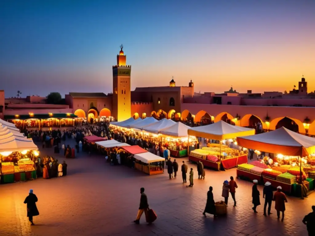 Vibrante plaza Jemaa el-Fnaa en Marrakech, Marruecos