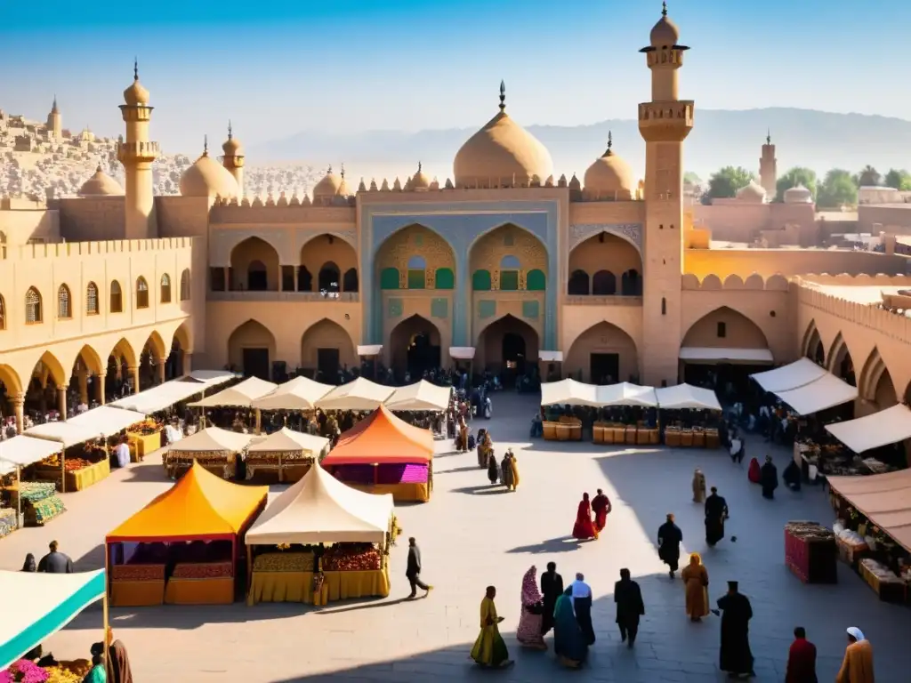 Vibrante plaza de mercado en un gran califato, con edificios intrincados y minaretes imponentes