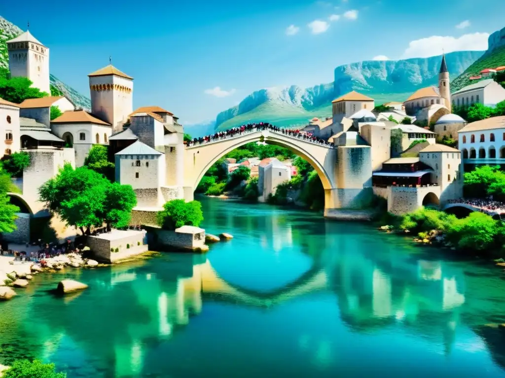 Vibrante puente histórico de Mostar en Bosnia y Herzegovina, reflejando la convivencia y conflicto en Balcanes islámicos