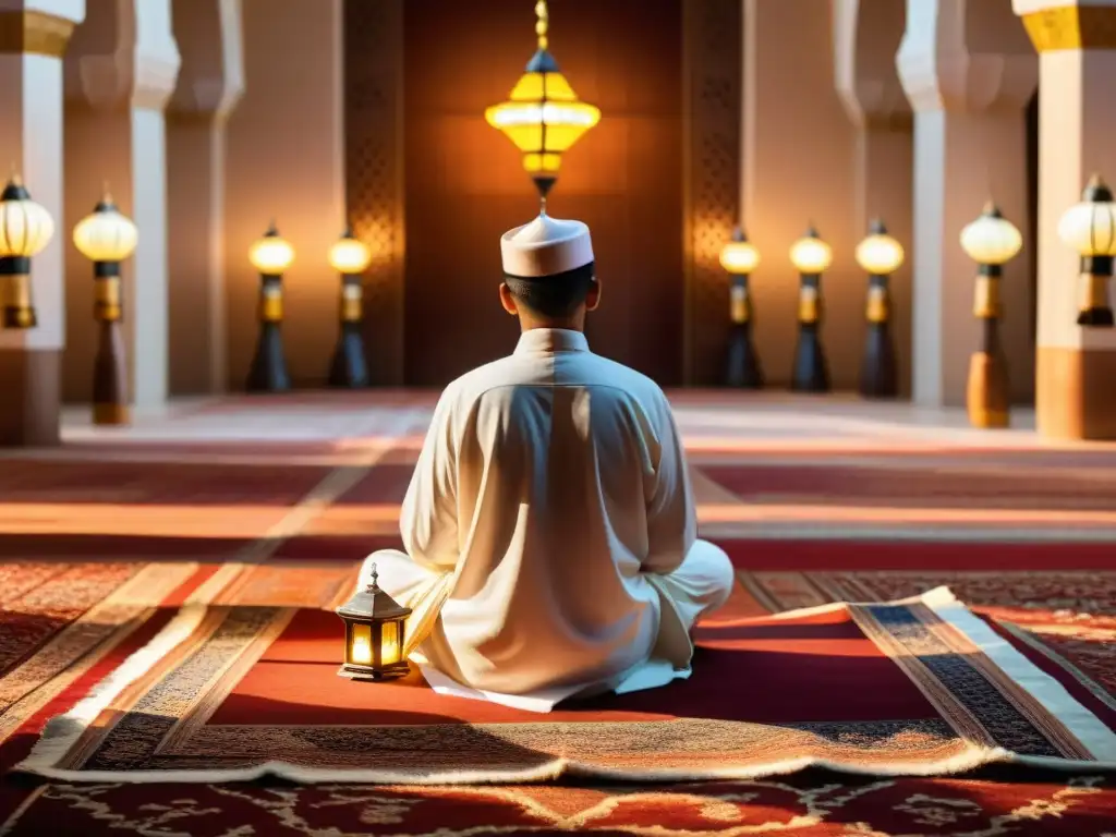 Vibrante recitación de qasida en majestuosa mezquita árabe, con estructura poética oda árabe