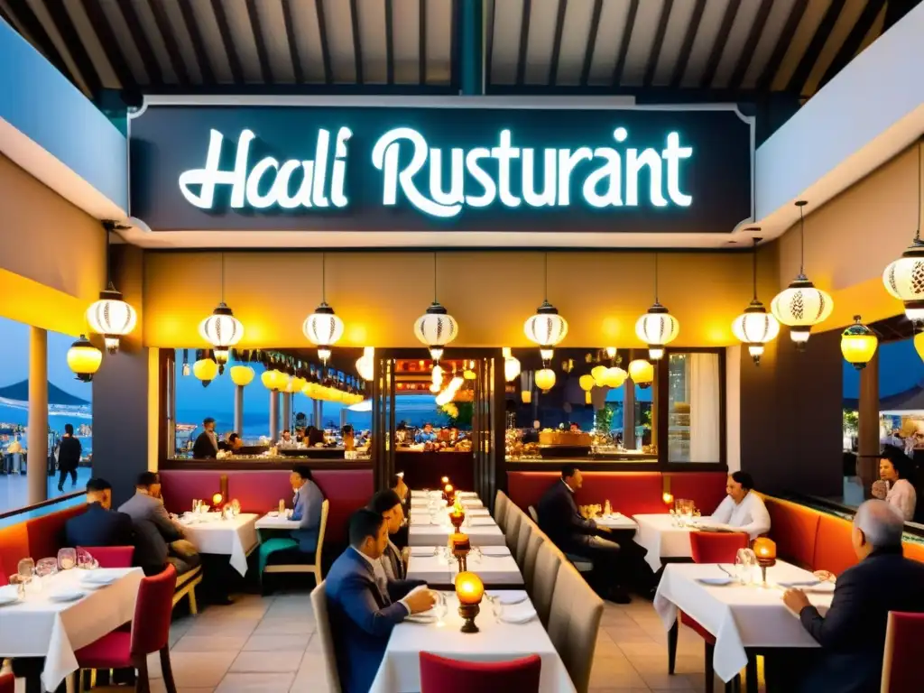 Vibrante restaurante halal cerca del aeropuerto Atatürk en Estambul, con arquitectura turca elegante y ambiente acogedor