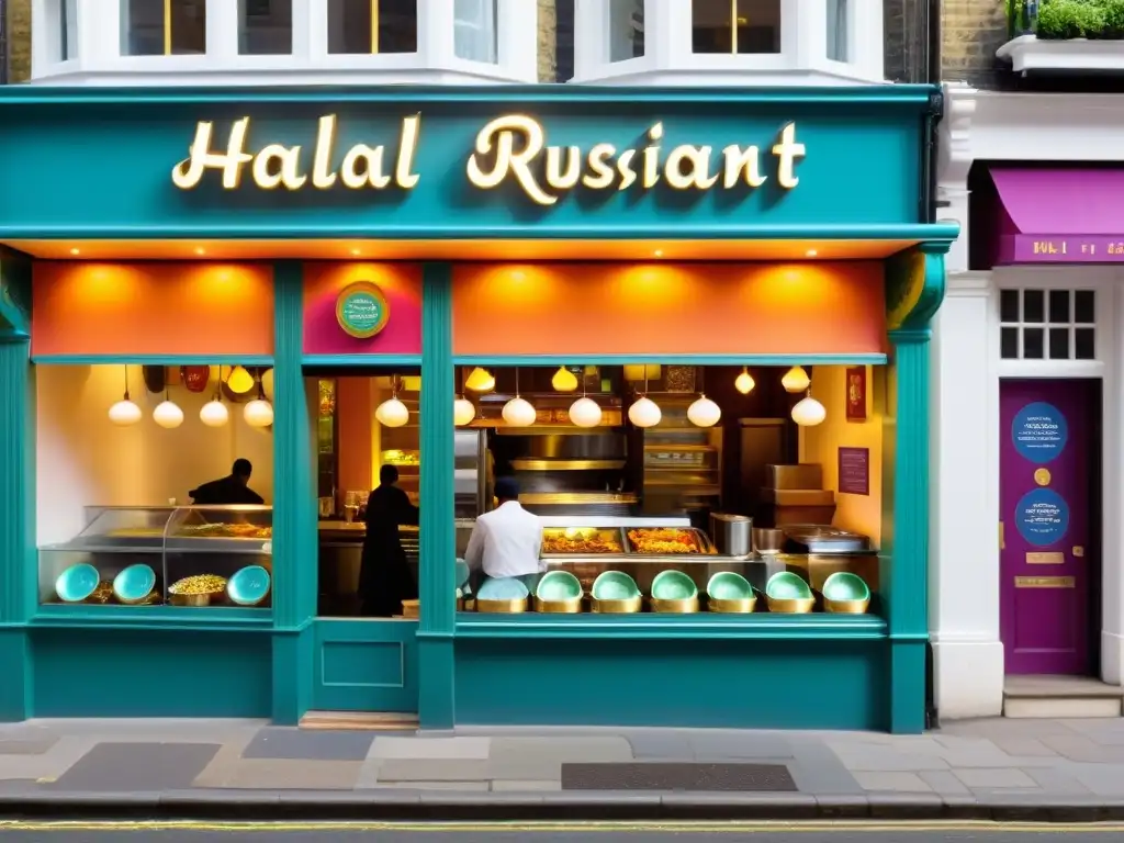 Vibrante restaurante halal en Londres, con arquitectura islámica y platos coloridos