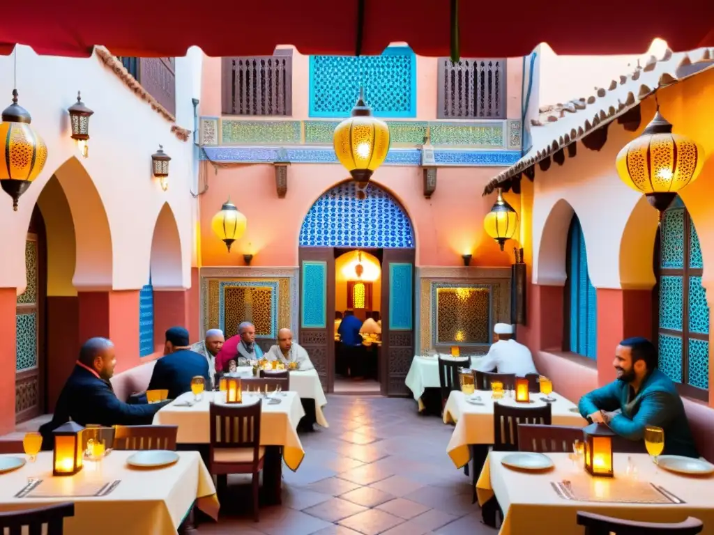 Vibrante restaurante Halal en Marrakech con arquitectura tradicional, mesas de mosaico y exquisita comida