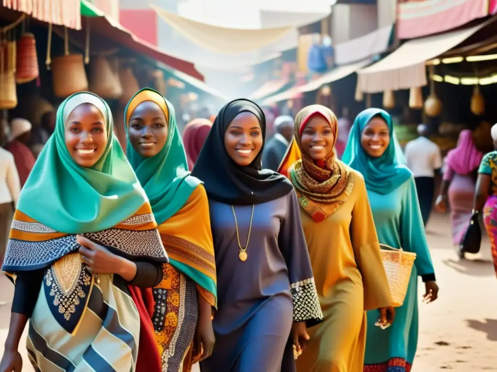 Un vibrante retrato de la moda en el Islam africano: mujeres con hijabs y túnicas tradicionales, caminando con gracia en un bullicioso mercado