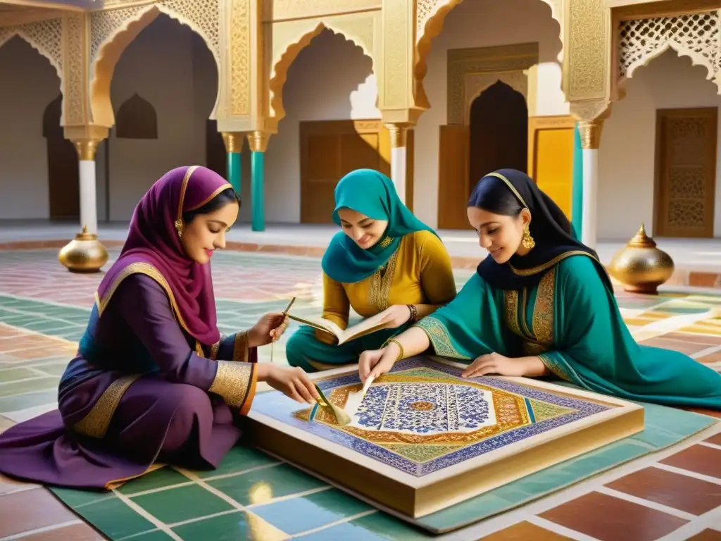 Un vibrante retrato de mujeres artistas creando arte islámico en un animado patio soleado