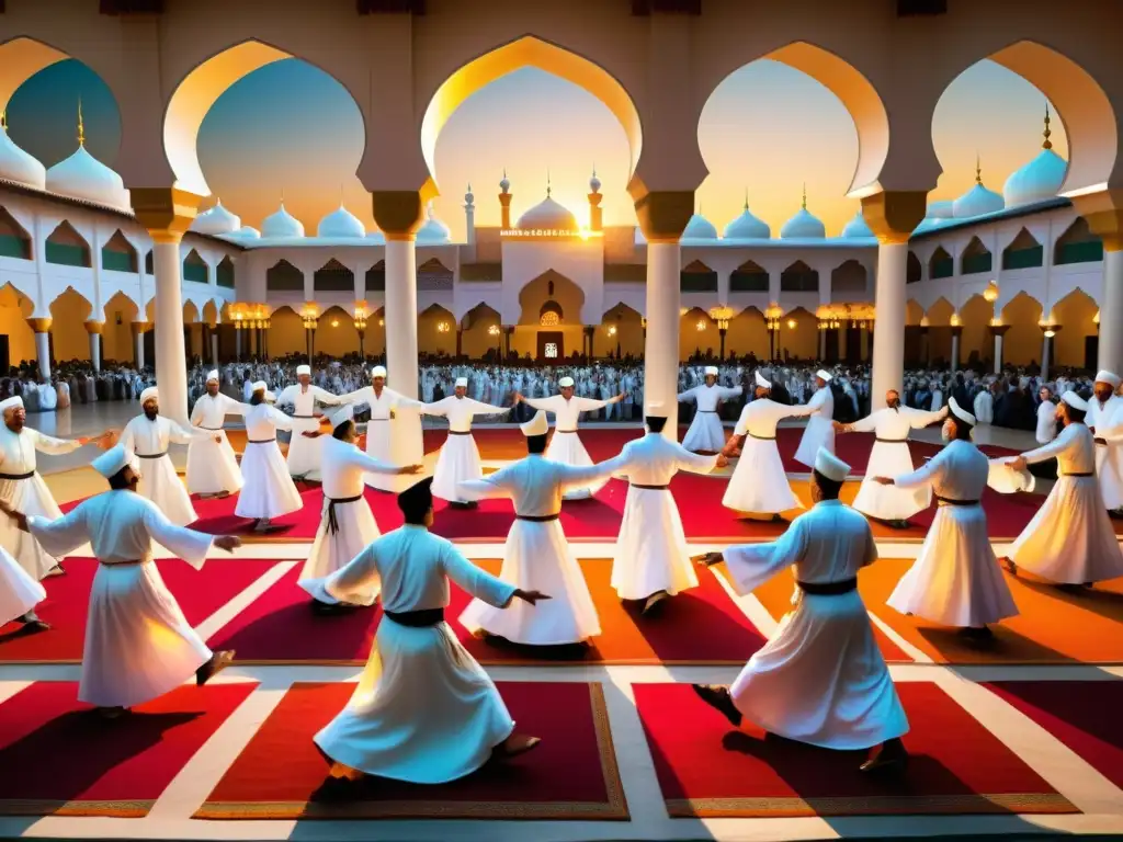 Una ilustración fotorealista de una vibrante reunión sufí con derviches girando en una mezquita iluminada