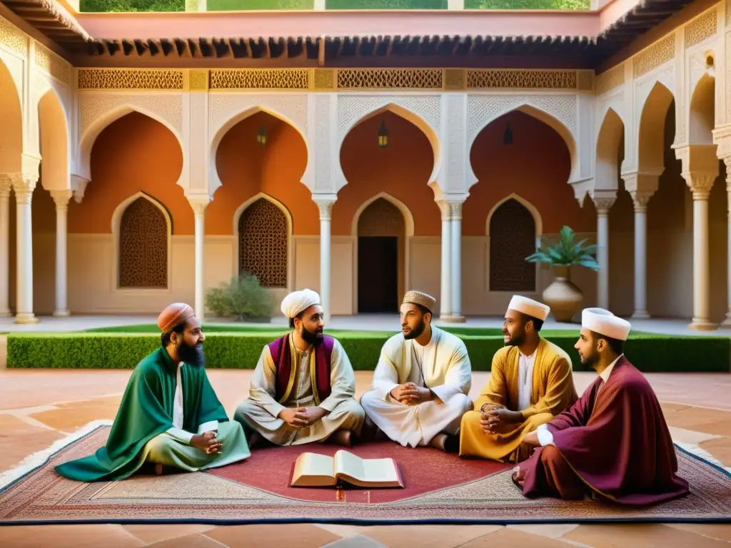 Vibrante reunión de poetas musulmanes en patio morisco de la península ibérica