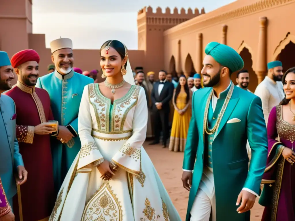 Un vibrante set de película en Marruecos, con directores musulmanes y equipo colaborando en una escena de boda tradicional