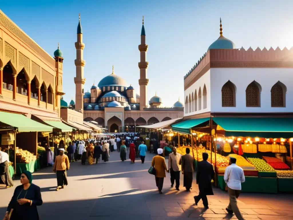 Vibrante vecindario con mezquita, mercado bullicioso y diversidad cultural, simbolizando integración de minorías musulmanas en la ciudad