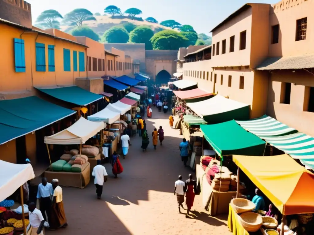 Vibrante zoco africano, centros comercio islam, con puestos coloridos, gente diversa y atmósfera bulliciosa bajo el sol cálido