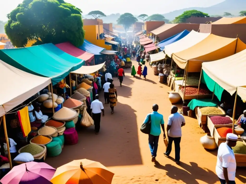 Vibrante zoco africano, centros comercio islam, con coloridos puestos, tejidos y especias, en una animada escena llena de tradición y comunidad