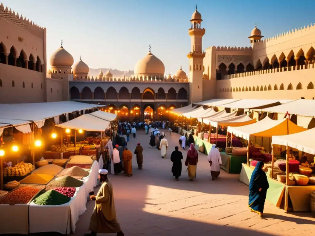 Un vibrante zoco en Arabia antigua, con comercio, arquitectura ornamental y diversidad cultural