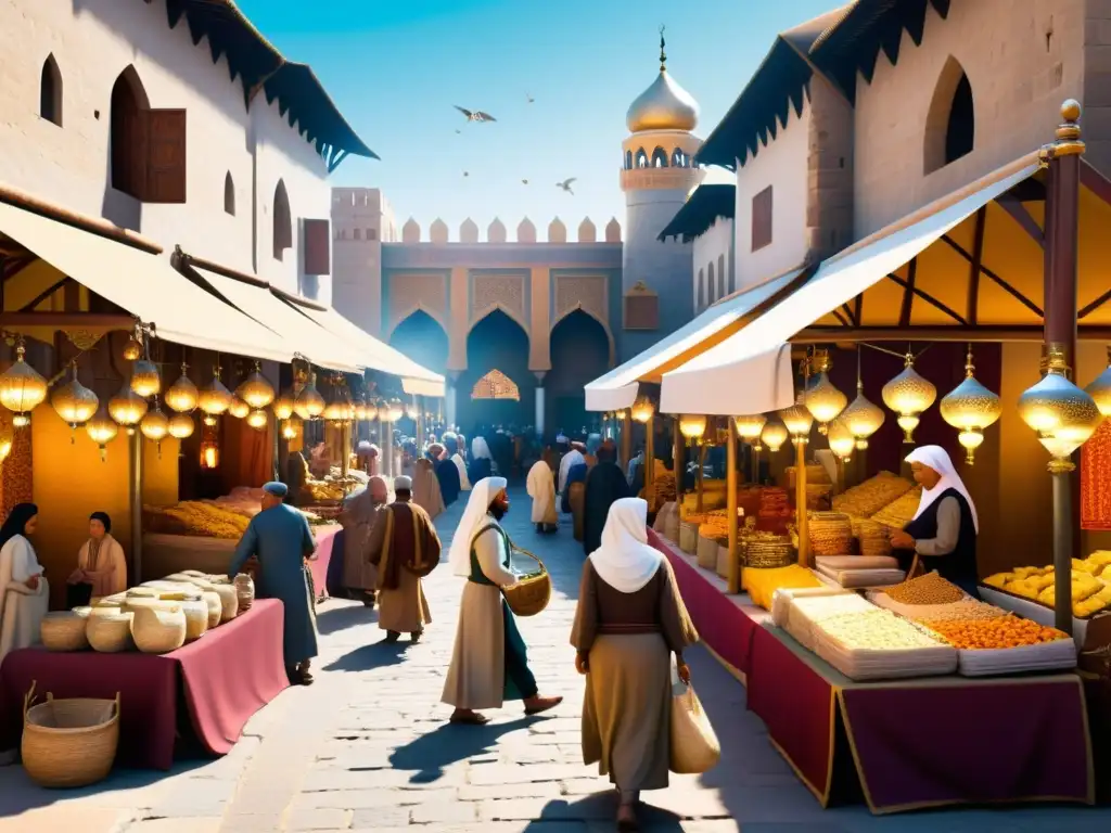 Mercado bullicioso en ciudad islámica medieval Un vibrante zoco en una ciudad islámica medieval, con arquitectura detallada y textiles coloridos