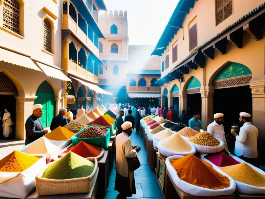 Un vibrante zoco en una ciudad islámica, con colores, aromas y sonidos que reflejan la coexistencia en sociedades islámicas