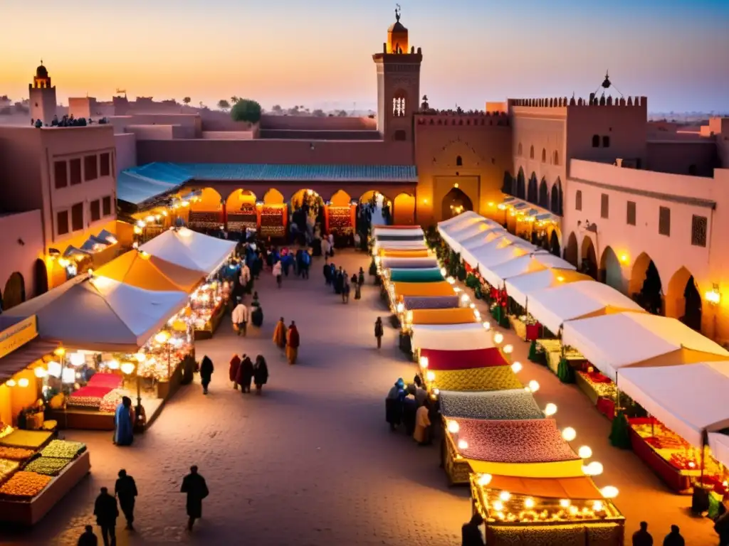 Un vibrante zoco en Marrakech, Marruecos, con textiles y especias bajo el cálido sol