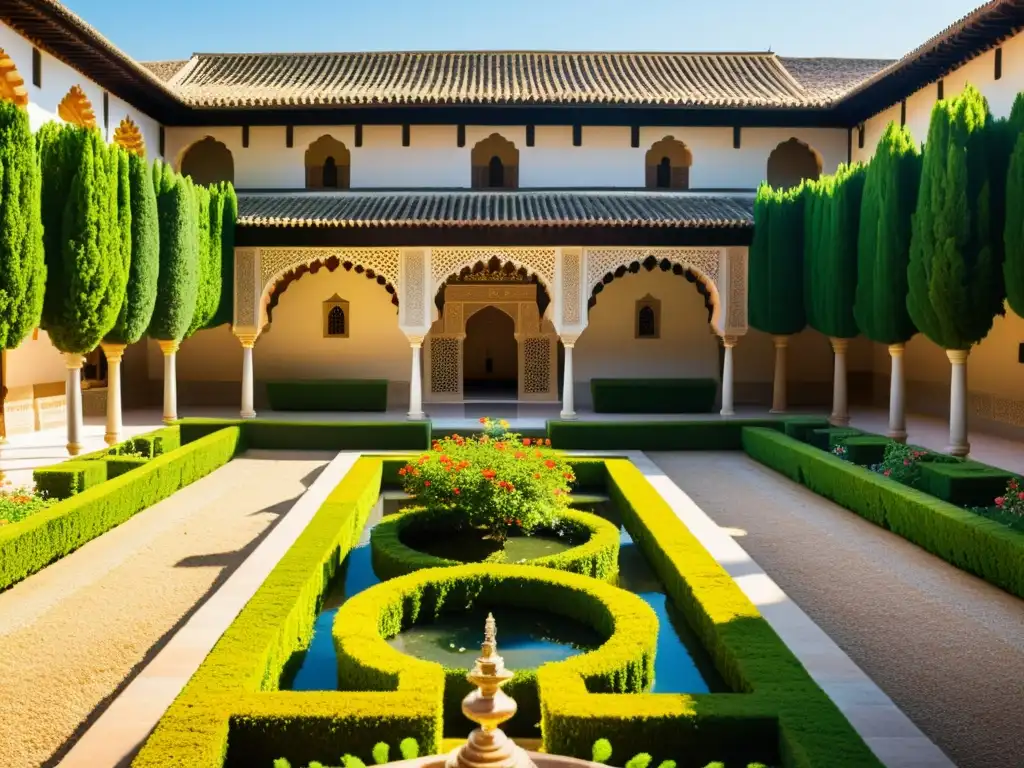 Vibrantes Jardines de los Califatos islámicos en la Alhambra, Granada: arquitectura, vegetación exuberante y fuentes ornamentales, con juegos de luz y sombra