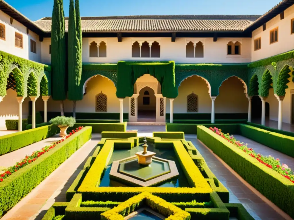 Vibrantes jardines del Generalife en la Alhambra, Granada, con influencia del diseño paisajístico islámico