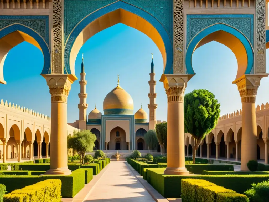 Vibrantes palacios de Bagdad, historia resurgimiento en detalles arquitectónicos, minaretes y jardines exuberantes, bañados por cálida luz solar