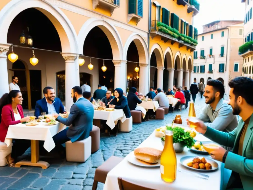 Vida cotidiana en Italia: diversidad cultural en la calle Vida cotidiana en una bulliciosa calle de Italia, donde la comunidad musulmana y la historia se entrelazan con armonía