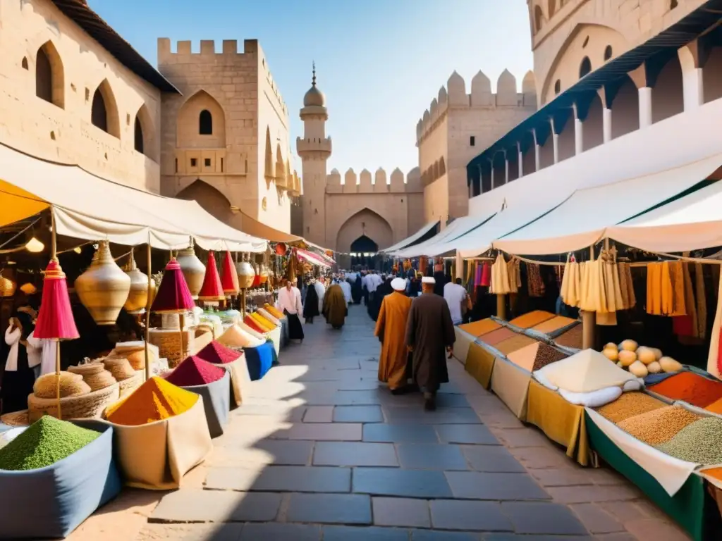 Vida cotidiana en ciudades islámicas durante cruzadas: bullicioso mercado medieval con arquitectura detallada y vendedores de especias y textiles