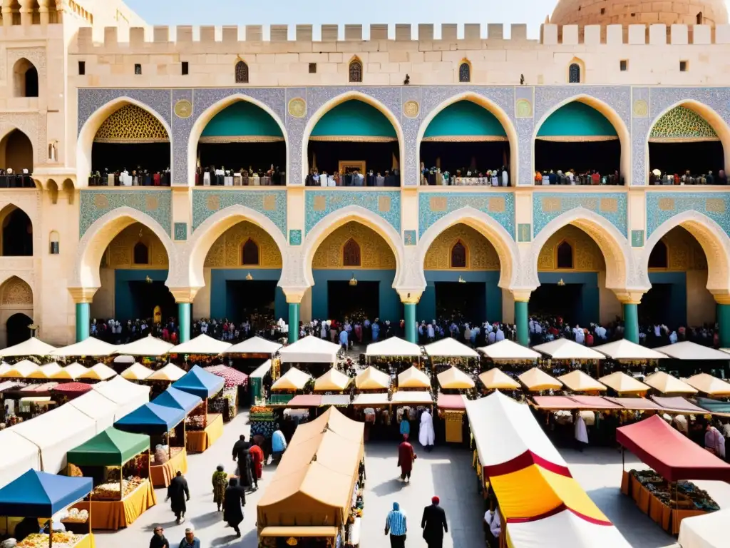 Vida cotidiana en ciudades islámicas durante las cruzadas: Un bullicioso mercado con tejidos coloridos, mosaicos vibrantes y una atmósfera animada