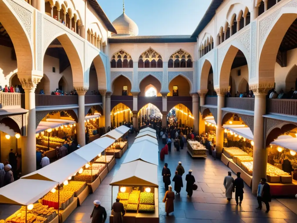 Vida cotidiana en ciudades islámicas durante las cruzadas: bullicioso mercado con arquitectura detallada, textiles vibrantes y gente comerciando