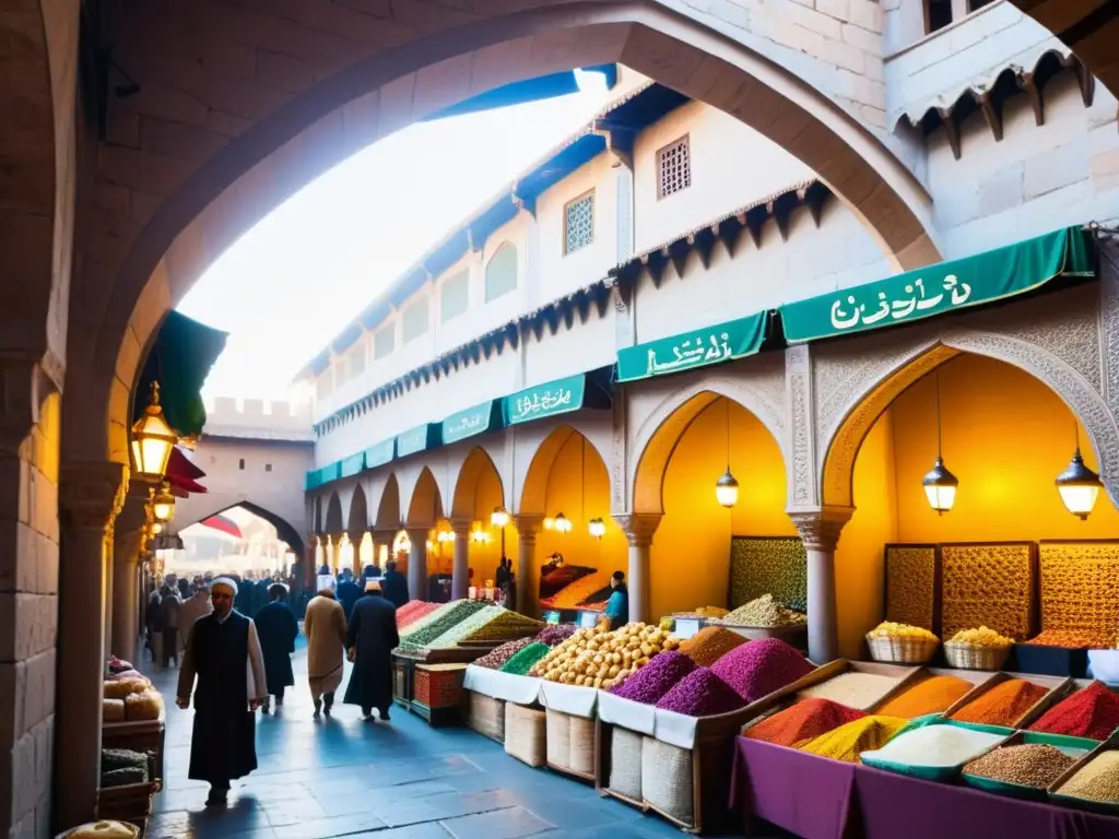 Vida cotidiana en ciudades islámicas durante cruzadas: Mercado bullicioso con colores, aromas y arquitectura vibrante en una ciudad medieval